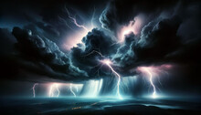 A Dramatic And Powerful Thunderstorm Scene With Multiple Lightning Strikes Illuminating Dark Stormy Clouds Over A Nocturnal Landscape. Landscape Concept. AI Generated.