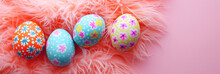 Assorted Easter Eggs With Floral And Geometric Patterns On A Plush Pink Feather Backdrop