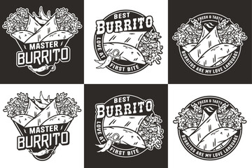Canvas Print - Monochrome burrito set mexican food vector with meat and vegetable for logo or emblem. Traditional burritos latin fast food collection