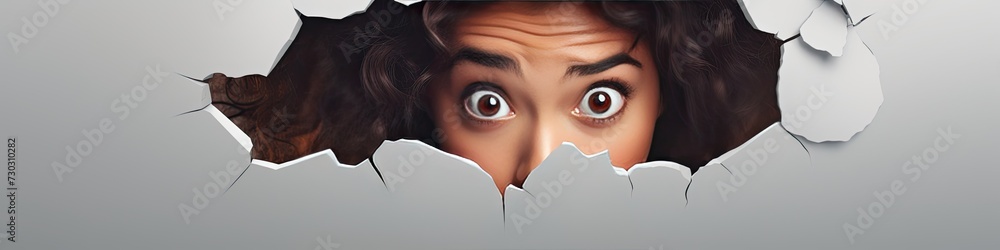 3D Cute woman peeking out of a hole in wall, torn hole, empty copy ...
