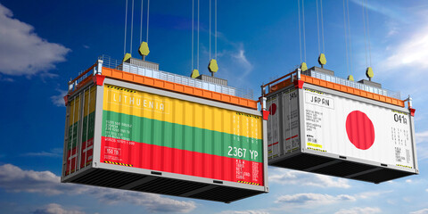 Shipping containers with flags of Lithuania and Japan - 3D illustration