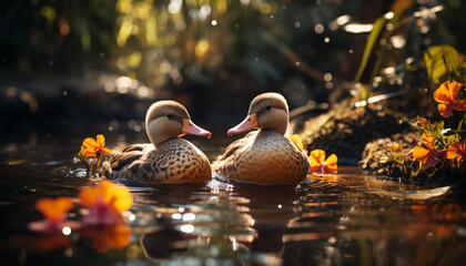 Wall Mural - Duck beak reflects beauty in nature, surrounded by water generated by AI