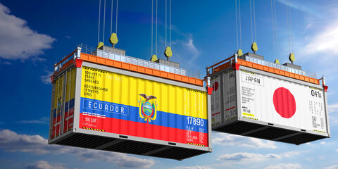 Shipping containers with flags of Ecuador and Japan - 3D illustration