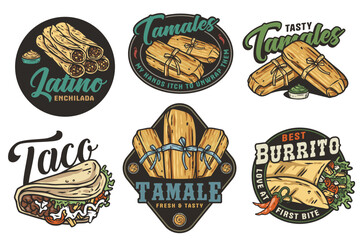 Wall Mural - Mexico tamale set vector with corn leaves for logo or emblem. Latin traditional tamales collection for restaurant or cafe of Mexico fast food