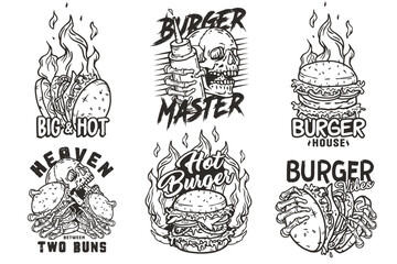 Wall Mural - Burger vector set with burning skeleton with burgers in hands. Skull, fire and bones for logo, emblem, print of American food. Hamburger collection for restaurant or cafe