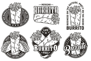 Wall Mural - Monochrome Burrito set mexican food vector with meat and vegetable for logo or emblem. Traditional burritos latin fast food collection