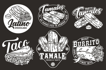 Poster - Monochrome Mexico tamale set vector with corn leaves for logo or emblem. Latin traditional tamales collection for restaurant or cafe of Mexico fast food