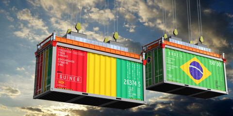 Shipping containers with flags of Guinea and Brazil - 3D illustration