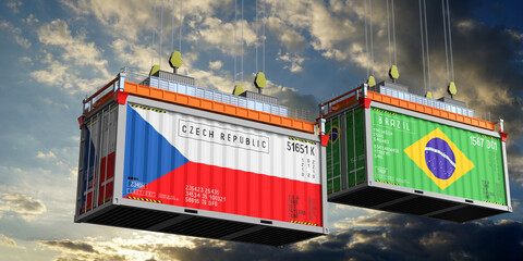 Shipping containers with flags of Czech Republic and Brazil - 3D illustration