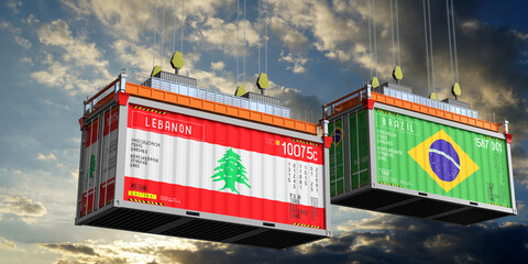 Shipping containers with flags of Lebanon and Brazil - 3D illustration