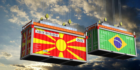 Shipping containers with flags of North Macedonia and Brazil - 3D illustration