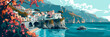 Iconic Amalfi Coast Vista: Stylized Illustration of Cliffside Villages against Azure Seas Ideal for Travel Posters and Mediterranean Themes