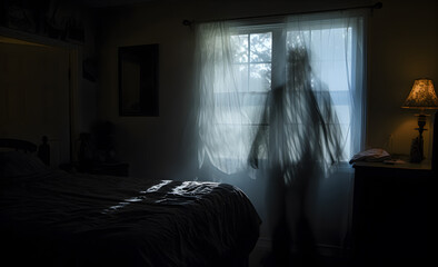 Wall Mural - The blurry silhouette of a ghost in a bedroom, at night.