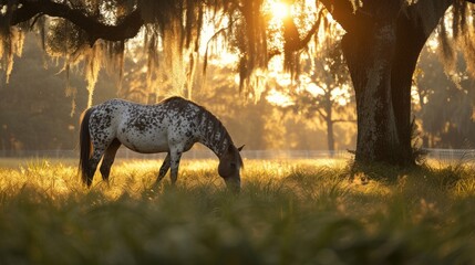 Wall Mural - A speckled Appaloosa horse grazes beneath a canopy of dappled sunlight