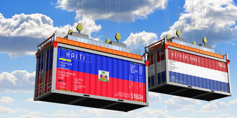 Shipping containers with flags of Haiti and Netherlands - 3D illustration