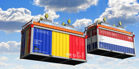 Shipping containers with flags of Romania and Netherlands - 3D illustration