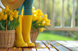 Sunny spring porch with woman standing in yellow rubber boots. Wicked basket of tulips and hat