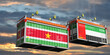 Shipping containers with flags of Suriname and United Arab Emirates - 3D illustration