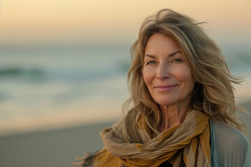 Wall Mural - Mature woman enjoying sunset on beach, serenity and retirement