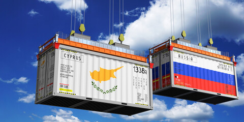 Shipping containers with flags of Cyprus and Russia - 3D illustration