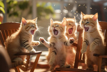 Four Joyful Kittens Singing Together On Wooden Chair. Animal Behavior And Emotions