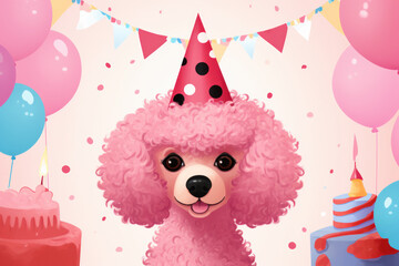 Wall Mural - Celebration poodle with party hat surrounded by balloons and cake. Festive birthday party.