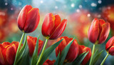 Fototapeta Tulipany - Piękne czerwone tulipany, tapeta wiosenne kwiaty