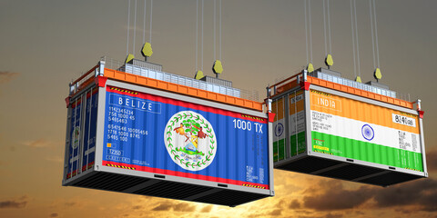 Shipping containers with flags of Belize and India - 3D illustration