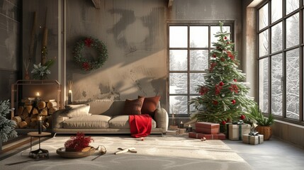 Poster - a living room with a christmas tree and a couch