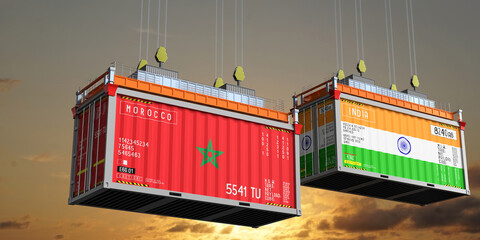 Shipping containers with flags of Morocco and India - 3D illustration