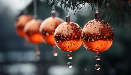 Wall Mural - Bright glass ball hanging on tree, reflecting vibrant winter colors generated by AI