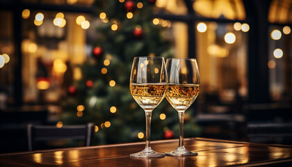 Canvas Print - Cozy celebration, wineglass illuminated with Christmas lights, winter relaxation generated by AI