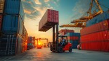 Fototapeta  - Freight logistics: Forklift handling container box, loading stacker at docks for shipment, harbor activity