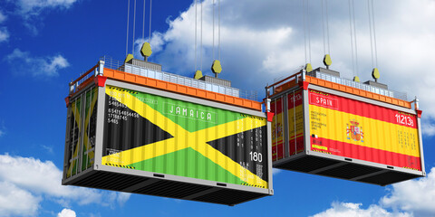 Shipping containers with flags of Jamaica and Spain - 3D illustration