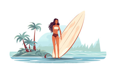 Wall Mural - woman standing with surfboard vector flat isolated illustration