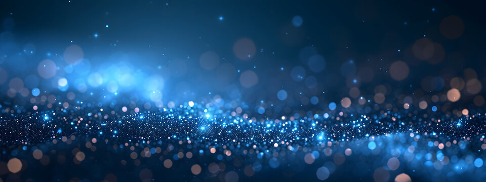 A dark blue abstract background featuring a glow particle effect. The image includes abstract blue lights and star particles, forming a captivating scene with dots on a dark background.