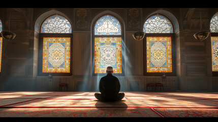 Wall Mural - A man inside a quiet mosque, with rows of mihrabs clearly visible in the background, natural light radiating from the windows, Ai generated Images