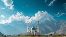 Image Of A Magnificent Mosque Located At A Height, With A Backdrop Of Towering Mountain Peaks, Ai Generated Images