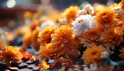 Sticker - A vibrant bouquet of chrysanthemums, daisies, and gerbera daisies generated by AI