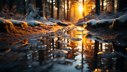 Poster - Tranquil scene  winter forest, sunset, reflecting on icy pond generated by AI