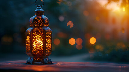 Sticker - During the evening twilight of Ramadan, an Arabic lantern with a candle sits on a wooden table