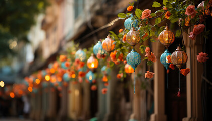 Sticker - Illuminated lanterns hanging outdoors, celebrating traditional winter festival generated by AI