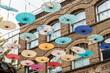 Umbrellas hanging over street in Chinatown in London