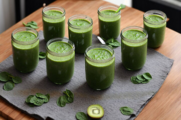 Wall Mural - Healthy green smoothie in glass jars with straws on table