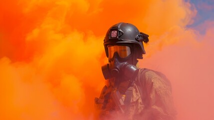 Wall Mural - Rescue man in firefighter uniform and oxygen mask walk through orange signal smoke