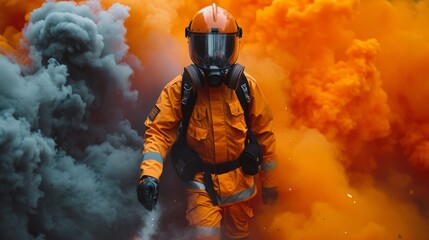 Wall Mural - Rescue man in firefighter uniform and oxygen mask walk through orange signal smoke