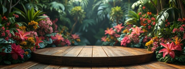 Wall Mural - tropical background for the scene, in the style of a photorealistic still life, round, wooden, dark emerald and light crimson. To demonstrate and advertise a product