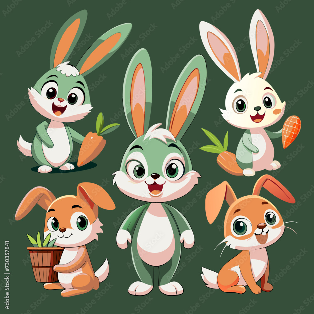 Cute cartoon rabbit characters with different poses. Set of rabbits ...