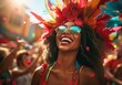 © masherdraws - Beautiful Brazilian woman, dressed in carnival clothes, dancing. Brazilian wearing Samba Costume, beautiful samba dancer performing at Carnival. Portrait. Happy smile woman.