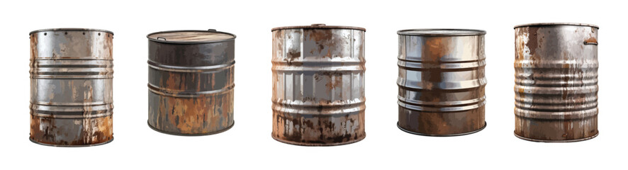 Old metal barrel vector set isolated on white background